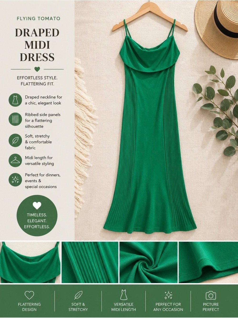 Flying Tomato Emerald Green Draped Midi Dress